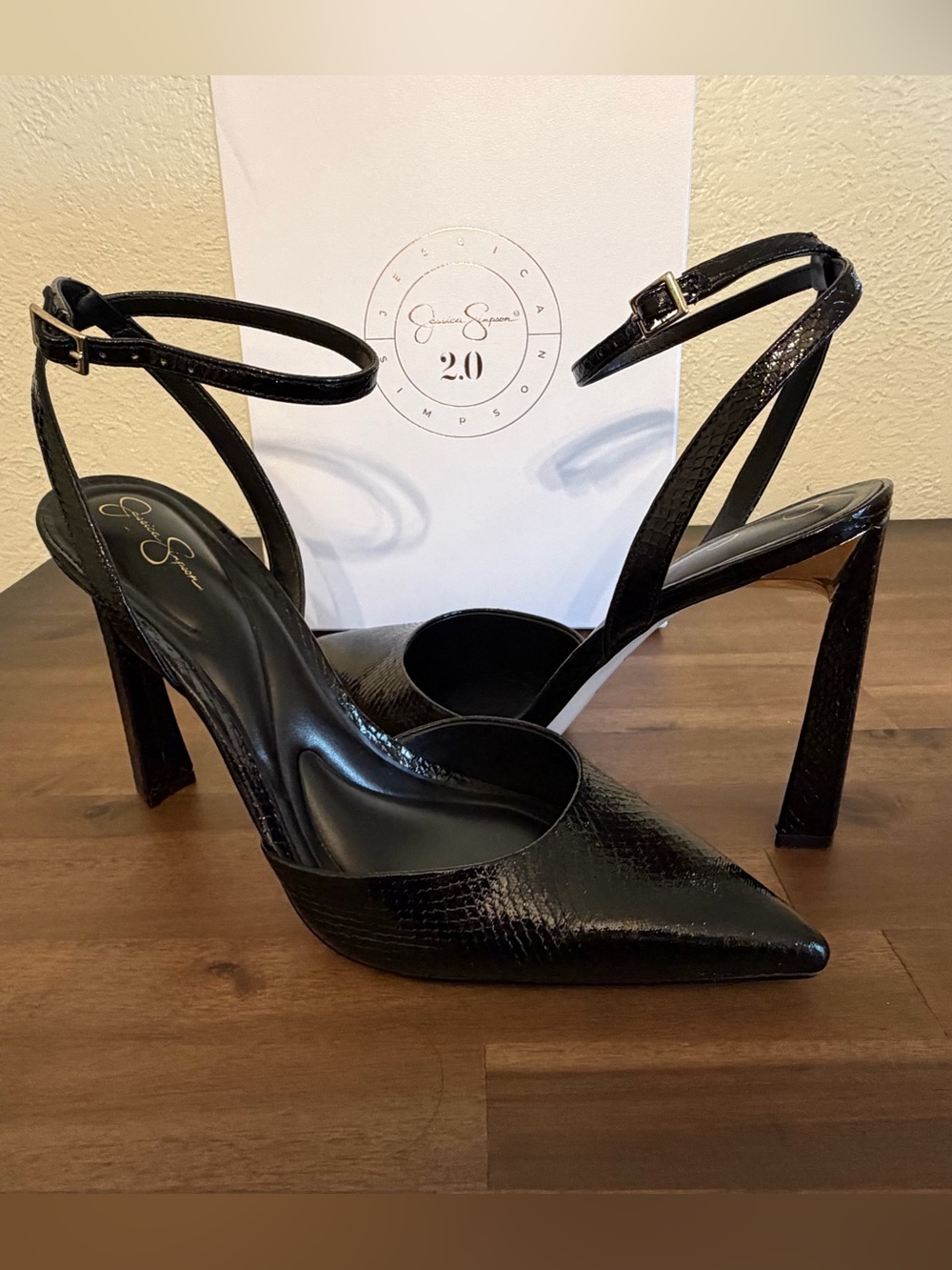 Jessica Simpson Ocanna Black Pointed Toe Ankle Strap High Heels. Size 12M.